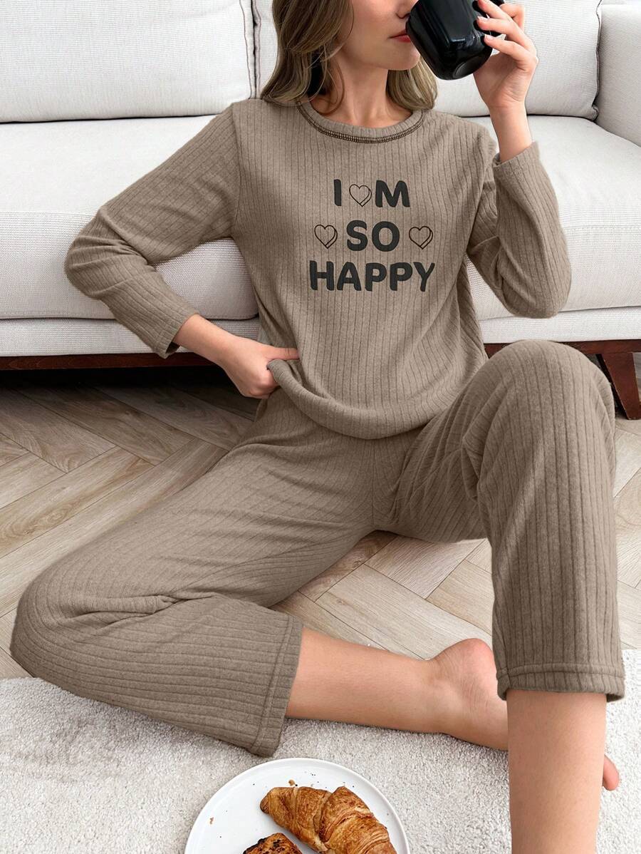 RueChic 2Pcs  Slogan Printed Lounge Set - Beige - View 1