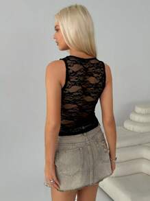 SHEIN EZwear Women's Summer Casual Western Music Festival Vintage Black Sexy Transparent V Neck Lace Cropped Tank Top