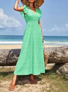RueChic Vacation Casual Floral Ruffle Hem Long Dress - Green - View 4