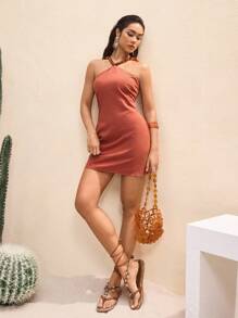 BY FELIZIA Women's Brown Solid Beaded Camisole Summer Mini Dress Vacation Sundress - Brown - View 5
