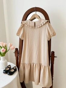 SHEIN Nova Glow Tween 女童可爱休闲泡泡袖彼得潘领拼接连衣裙，领口饰有蝴蝶结 - 杏色 - 查看 3