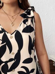 SHEIN LUNE Vestido corto de verano con cuello en V, sin mangas, con dobladillo con volantes y estampado de plantas, con decoración de lazo en los hombros, talla grande