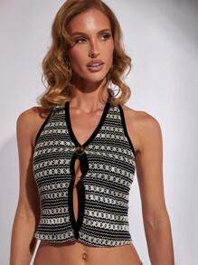 COSMINA Women's Full Print Front Button Cropped Halter Neck Top