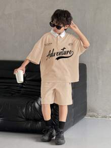 SHEIN Leap Crew 2 件青少年男孩休闲韩版时尚字母印花 Polo 领半拉链短袖上衣和宽松短裤套装，适合上学、海滩、生日、春夏季