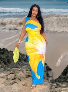 Veslaya Plus Size Slim Fit Long Casual Shoulder Print Vacation Dress, Spring/Summer - Blue - View 6