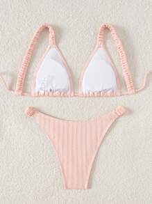 Swim Mod Conjunto de traje de baño de dos piezas con textura lisa, con almohadillas extraíbles y diseño fruncido - Rosa - Ver 5