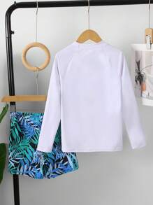 Tween Boy Tropical Plants Print Long Sleeve Rashguard And Swim Trunks Set - Multicolor - View 2