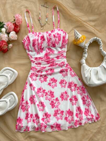 SHEIN Tween Girl Beach Casual Vacation Elegant Floral Print Slim Fit Ruched Comfortable Elastic Mesh Printed Ruffle Hem A-Line Cami Dress, Cute Pink Floral Summer Dress
