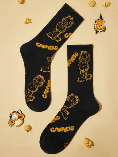 GARFIELD | SHEIN 透气吸汗中筒袜，弹力好，猫咪图案，脚趾和脚跟加固，耐磨，适合所有季节，黑色，男女通用