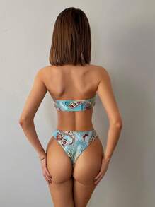 SHEIN ICON Women's 2 Pieces Swimwear Set, Summer Two Pieces Outfits Beach Bandeau Strapless Top And Triangle Bottom, Minimalist And Fashionable, Suitable For Summer