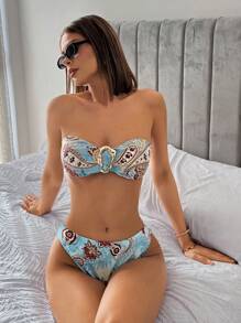 SHEIN ICON Women's 2 Pieces Swimwear Set, Summer Two Pieces Outfits Beach Bandeau Strapless Top And Triangle Bottom, Minimalist And Fashionable, Suitable For Summer