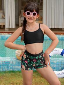 SHEIN Tween Girls Swimsuit Set: Short Sleeve Mesh Top, Solid Color Cami Top And Swim Bottoms - Multicolor - View 5