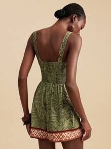 Travachic Bộ đồ liền thân hở vai in họa tiết cây nhiệt đới cho nữ, phong cách kỳ nghỉ, trang phục mùa hè cho nữ, trang phục bãi biển cho nữ, trang phục phương Tây cho nữ, trang phục hòa nhạc cho nữ, phong cách Boho, kỳ nghỉ nhiệt đới - màu xanh lá - Xem 2