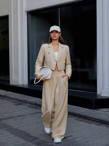 RueChic Double Breasted Crop Blazer & Wide Leg Pants - Beige - View 5