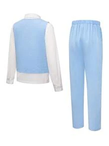 SHEIN Setelan Jas Formal 3 Potong untuk Anak Laki-Laki: Rompi dan Celana dengan Dasi Kupu-Kupu, Cocok untuk Pesta Pernikahan dan Wisuda, Musim Semi, Nyaman dan Bernapas - Baby Blue - View 2