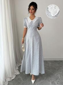 Modelyn French Ditsy Floral Ruffle Collar Cinched Waist Dress - Blue - View 1