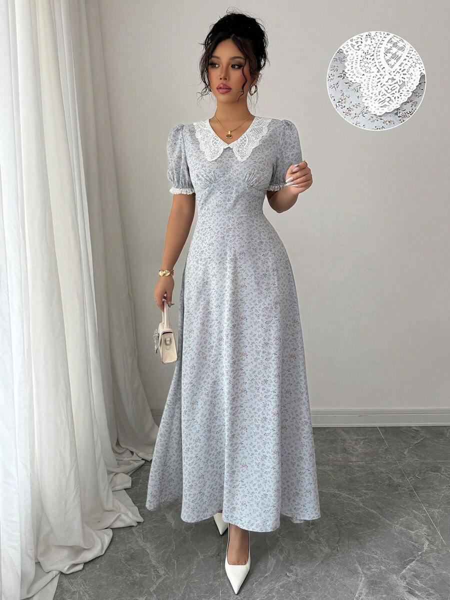 Modelyn French Ditsy Floral Ruffle Collar Cinched Waist Dress - Blue - View 1