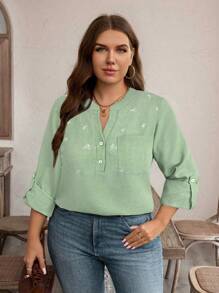 EMERY ROSE Plus Size Vintage Print Small Floral Embroidery Craft Stand Collar Adjustable Cuff Loose Blouse Fall Holiday Mother Day Summer Simple & Fashionable - Mint Green - View 4