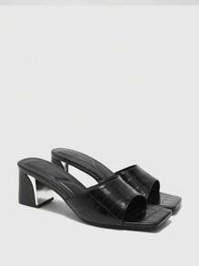 CUCCOO BIZCHIC Women Summer New Stone Texture Embossed Solid Color Square Toe Metal Chunky Heel All-Match Versatile Commuter Black Ladies High Heel Sandals Slippers Office Workwear Fashion - Black - View 6