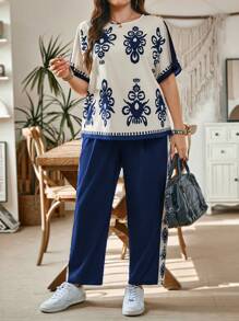 SHEIN LUNE Plus Size Allover Print Round Neck Short Sleeve Top And Pants 2 Pieces Set Summer Outfits For Women Two Pieces Set Women Summer Outfits For Women