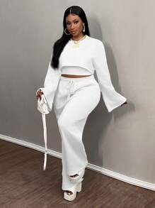 Slaydiva 2024 New Basic Solid Color Long Sleeve Cropped Top, Cami, And Wide Leg Long Pants 3 Piece Set, Plus Size Women Casual Homewear