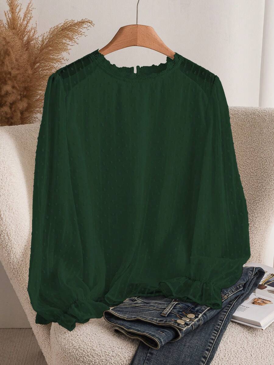 CosyJoli Women Plus Size Solid Color Long Sleeve Loose Fit Elegant Blouse - Green - View 1