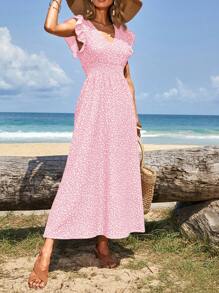 SHEIN Cottnline Women's Shirred Ruffle Sleeve Drawstring Waist Ditsy Floral Vacation Dress - Baby Pink - View 4