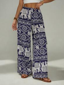 SHEIN PETITE Elephant Print Wide-Leg Pants Are Suitable For Vacation And Beach Dates,Bohemia - Navy Blue - View 1