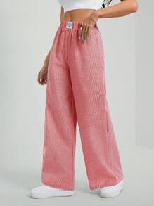 SHEIN Tall Women's Red Vertical Striped Casual Long Pants With Pockets: Semi-Sheer Woven Fabric For A Stylish, Breezy Look - Red - View 5