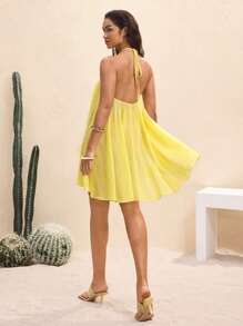BY FELIZIA Women's Butter Yellow Solid Chiffon Starfish Decoration Open Back Ruffle Sexy Mini Dress For Summer Beach Vacation - Yellow - View 2