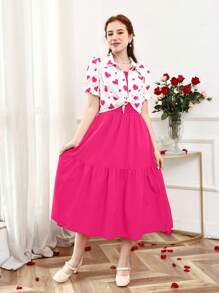 SHEIN 2pcs Heart Print Cami Dress Set For Teen Girls, Valentine's Day
