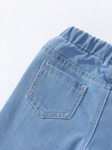 Pantalones anchos de niña con lavado claro, cintura elástica, parche bordado con corazón, el mejor estilo diario casual urbano - Lavado ligero - Ver 3