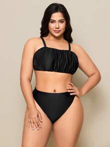 SHEIN Swim Curve Plus Size Women's Minimalist Basic Beach Holiday Bikini Set For Summer Beach Vacation - Black - View 6
