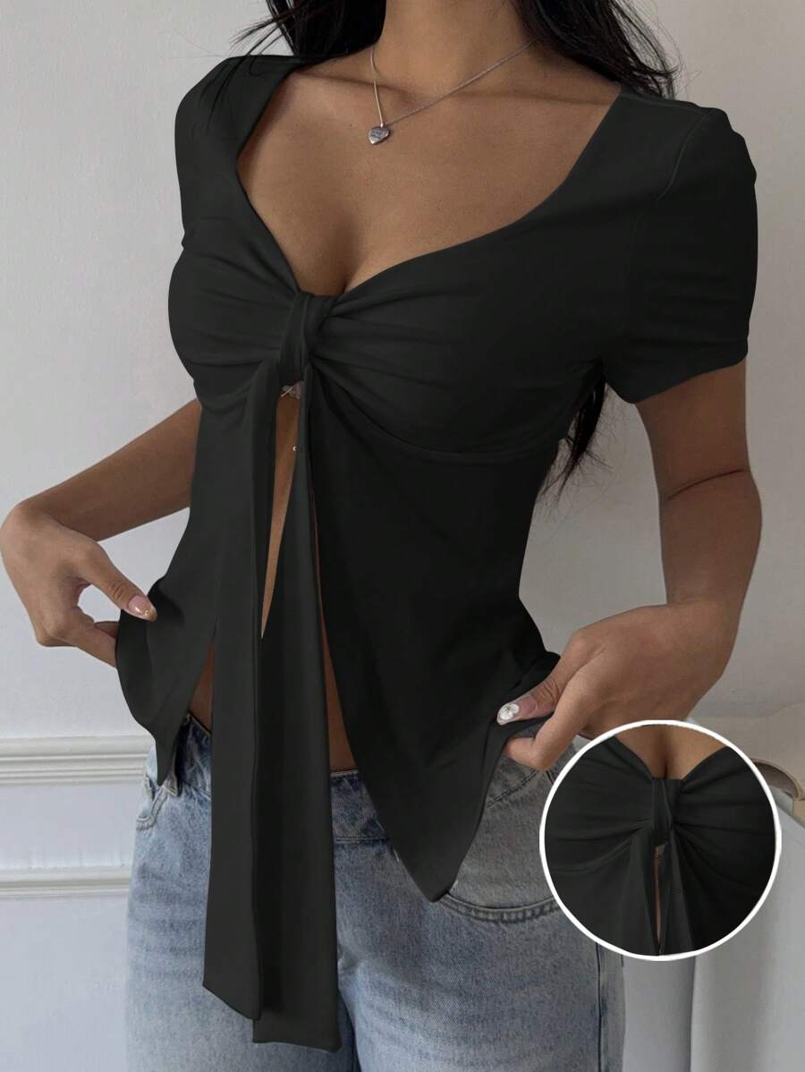 SHEIN EZwear Damen Lässig schwarzes Strick-T-Shirt mit Bindedetail, Schlitz-Saum und Kurzarm