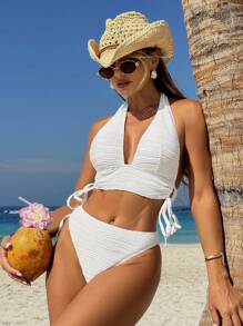 SHEIN Swim 女士夏季海滩度假两件套纯色纹理面料侧系带短款上衣和高腰下装比基尼泳装套装 - 白色 - 查看 3