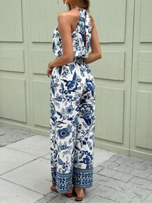 SHEIN Frenchy Women's Simple Blue Celadon Print Hanging Neck Fashion Long Jumpsuit For Summer And Vacation Wear Summer Outfits For Women Vacation Outfits Women Beach Outfits For Woman Bodysuits For Women Boho Women Clothing Flower