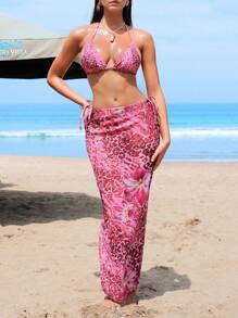 SHEIN Swim Women 3pcs Leopard Printed Halter Tie Bikini Set & Long Chiffon Beach Skirt, Hawaii Outfit For Summer Beach Vacation