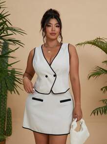 Calvaya White Contrast Trim Business Casual Minimalist Blazer Vest And Mini Skirt 2Pcs Suit, Chic & Stylish For Spring/Summer Graduation,Back To School,Teacher Outfits For Women - Apricot - View 3