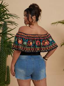 Flirla Plus Size Women Off Shoulder Ruched Floral Print Blouse, Elegant And Charming For Vacation, Gathering, Spring/Summer - Multicolor - View 2