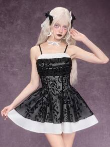ROMWE Goth Cute & Sexy Flocked Trimmed Plunging Neckline Princess Short Dress With Puff Sleeves, Black & White - Black - View 2