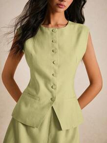 Poéselle 女士衬衫 亚麻衬衫 上衣 纽扣门襟 女士无袖纯色背心和短裤 休闲运动，简约时尚 波西米亚风 夏季女士上衣 商务休闲 女士西装 女士夏季女士上衣 夏季女士衬衫 办公室女士 夏季衬衫 纽扣女士波西米亚风 - 綠色 - 查看 3