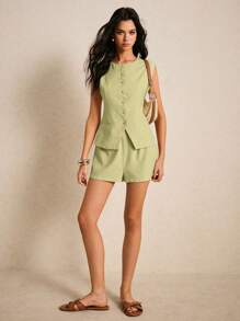 Poéselle 女士衬衫 亚麻衬衫 上衣 纽扣门襟 女士无袖纯色背心和短裤 休闲运动，简约时尚 波西米亚风 夏季女士上衣 商务休闲 女士西装 女士夏季女士上衣 夏季女士衬衫 办公室女士 夏季衬衫 纽扣女士波西米亚风 - 綠色 - 查看 7