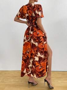 Chiquease Holiday Women's Boho Romantic Beach Women Outfits Concert Outfit Women Holiday Casual V-Neck Short Sleeves Retro Large Flower Orange Brown Retro Print Retro Print Waist Slim Back Flared Side Slit A-Line Long 2025 New Dress - Orange - View 2