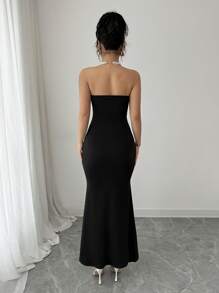 Rafferiza Women's Romantic Elegant 3D Floral Chiffon Organza Flowers Wedding Guest High Elastic Fabric Birthday Dresses Evening Dress Tube Concert Outfit Bandeau Fishtail Party/Holiday/Date 2025 New Long Dress - Black - View 2