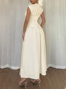 Rafferiza Women's Solid Color Round Neck Pleated Long Casual Summer Dress - Apricot - View 2