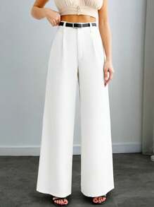 SHEIN Cottnline Elegant Semi-Sheer Suit Pants With Gold Buckle Slim Belt – High-Waisted, Loose Fit, Elastic Back Waistband For Ultimate Comfort - Beige - View 4