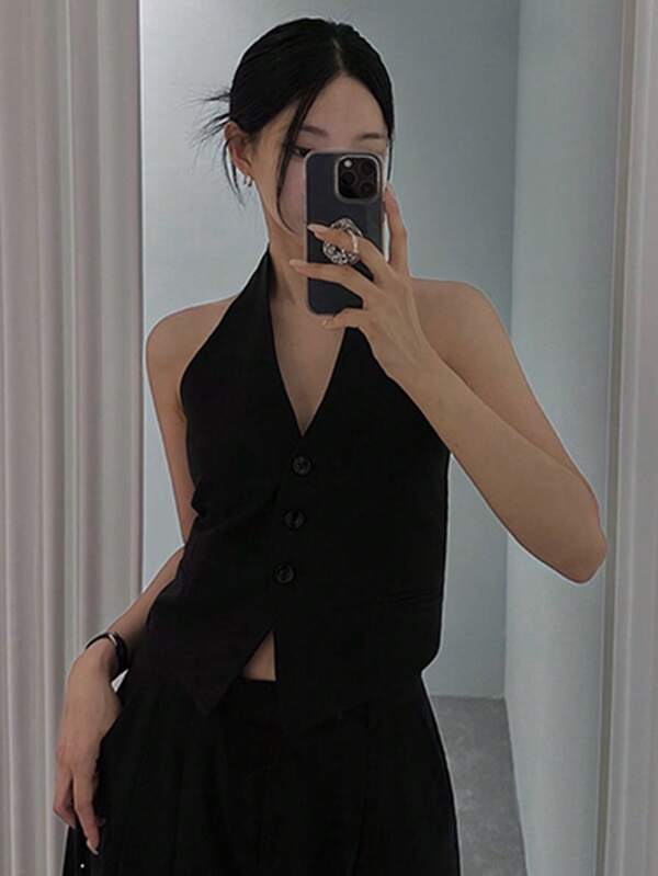 DAZY Women's Solid Color V-Neck Front Button Backless Sleeveless Spring/Summer Jacket