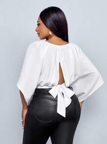 SOLERSUN 大码女式春夏纯色宽松后开衩系带短款度假衬衫、宽松上衣、度假上衣 - 白色 - 查看 4