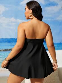 Swim Lushoire Plus Size Summer Beach Solid Color Strapless Swimwear Dress - Black - View 2