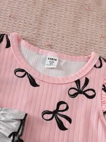 6pcs/Set Young Girl Elegant Simple Ribbed Bow Ribbon Print Pattern Cap Sleeve Top And Long Pants Casual Homewear Outfit - Multicolor - View 7